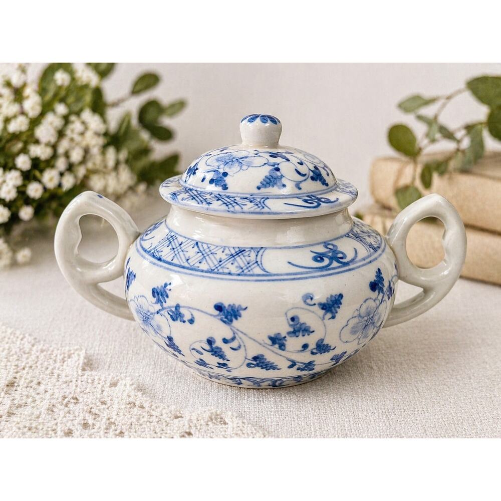 Blue White Ceramic Covered Sugar Bowl Mini Teapot Chinoiserie Decor